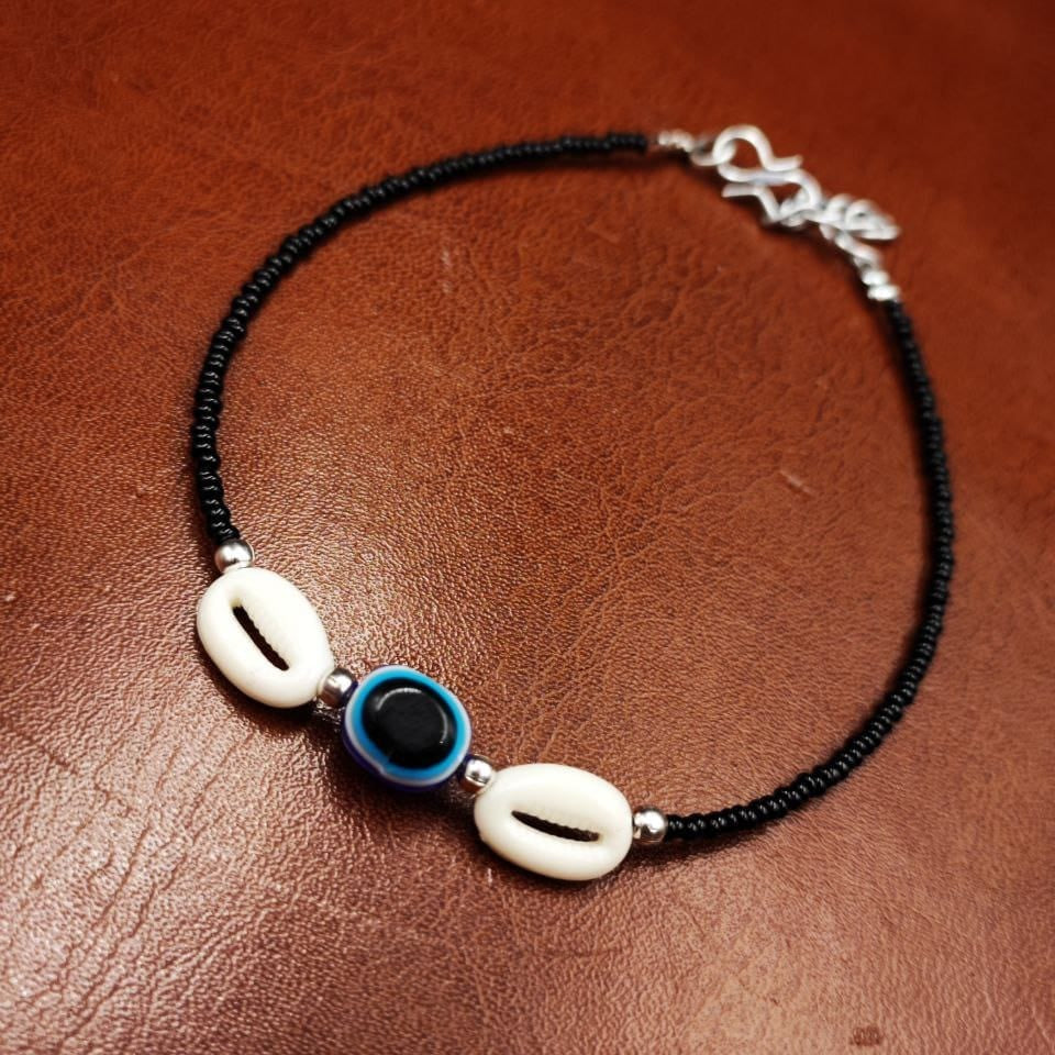 Evil Eye Anklet With Cowrie | Oxidised Cowrie Shell Anklets