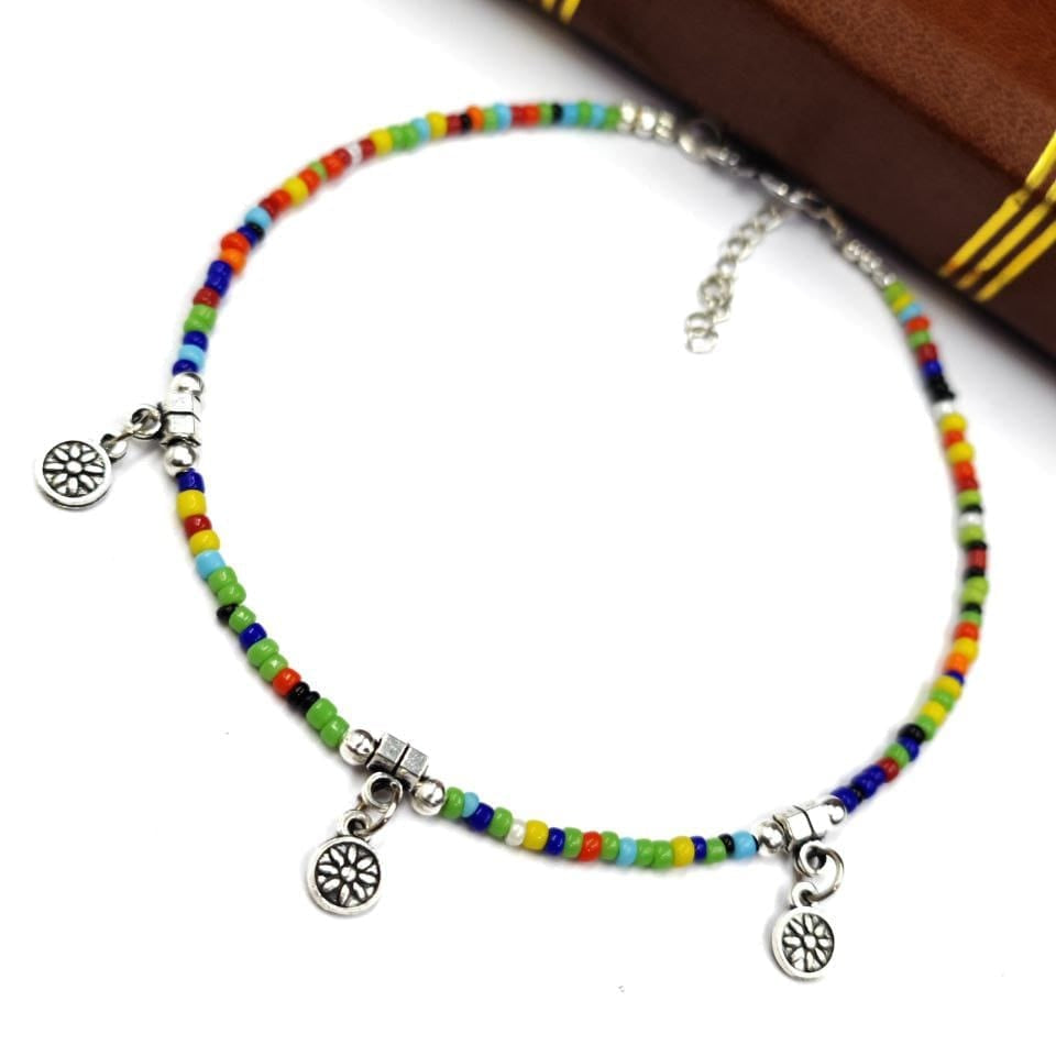 Boho Rainbow Adjustable Anklet with Silver Charm Dangles