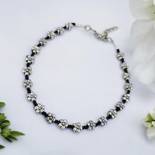 Oxidised Daisy Flower Anklets | Affordable Black Beads Payal for Girls