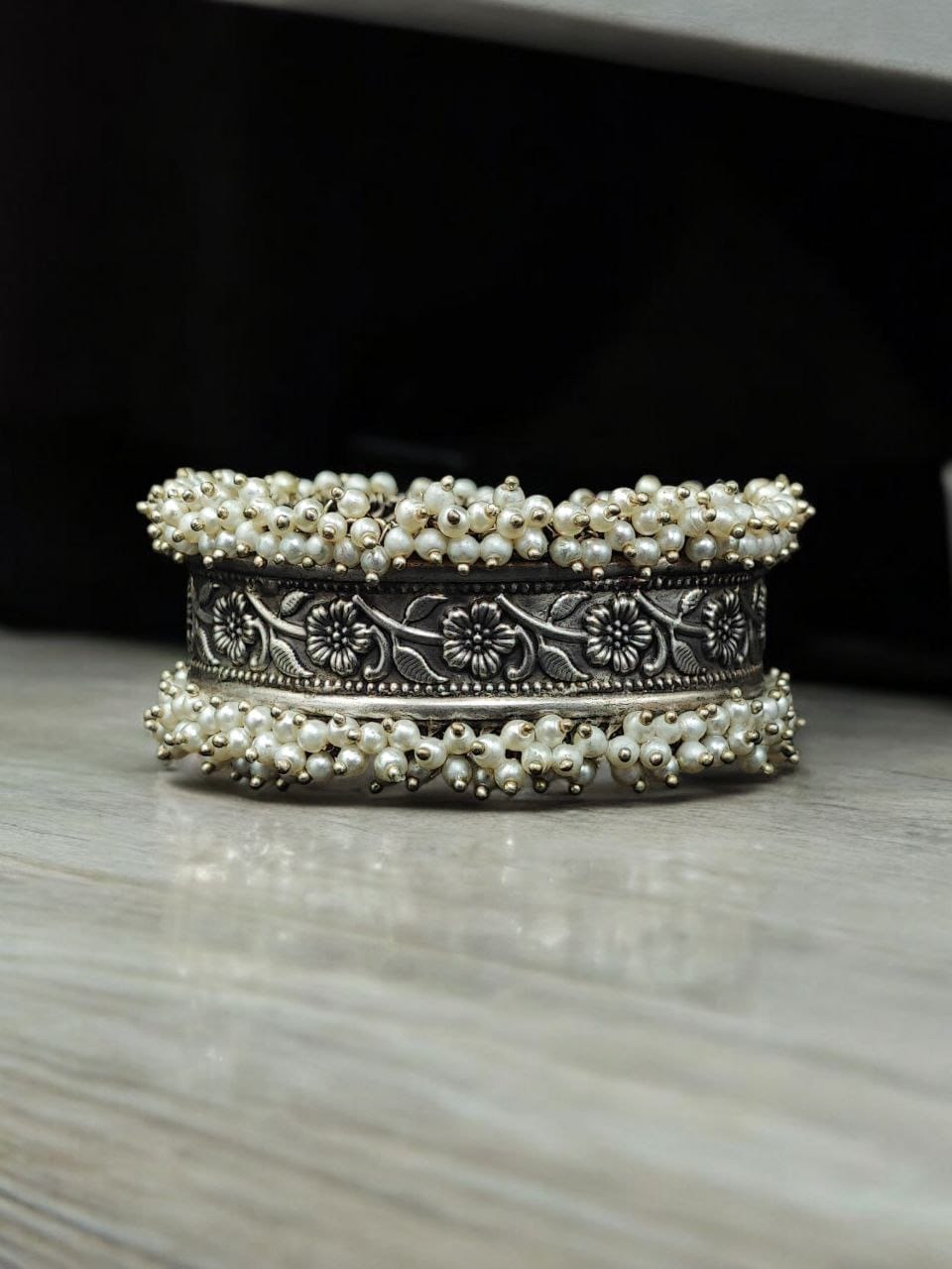 Oxidized Silver Kada with Pearl Unique Pearl Work - Traditional Indian Bangle Bracelet