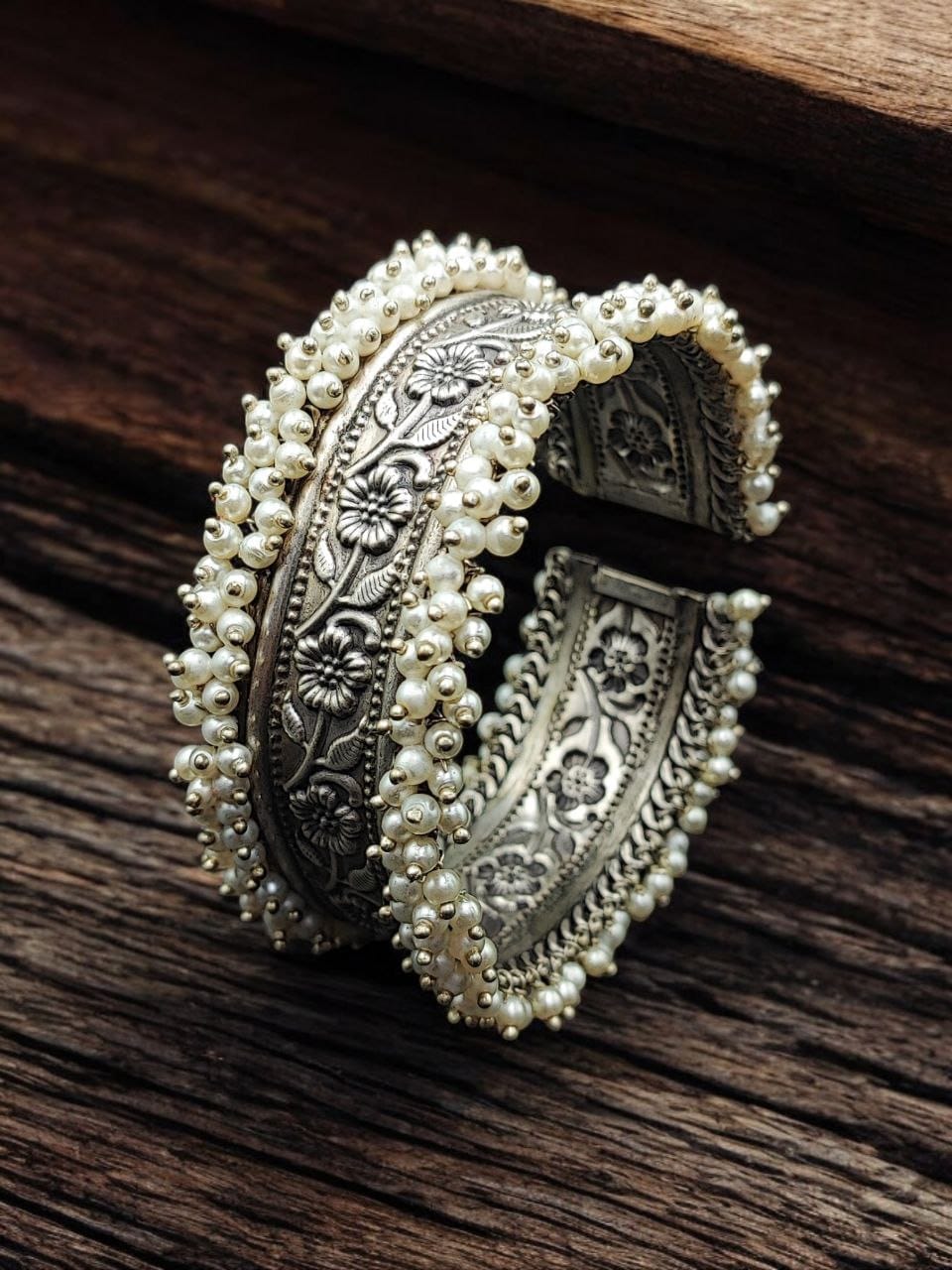 Oxidized Silver Kada with Pearl Unique Pearl Work - Traditional Indian Bangle Bracelet