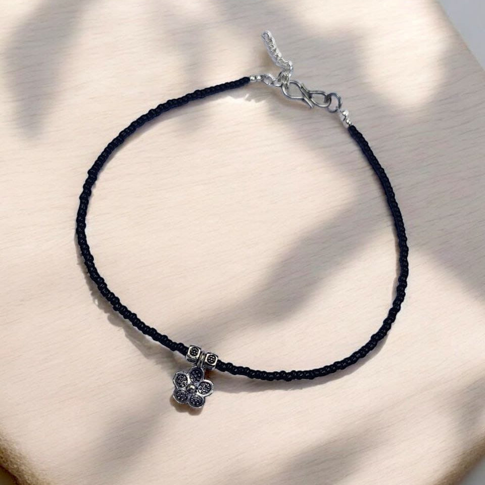Handmade Black Cord Daisy Charm Anklet