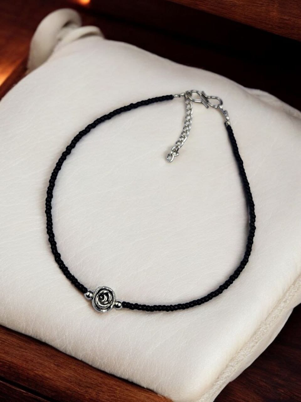 Handmade Black Beaded Rose Anklet - Adjustable