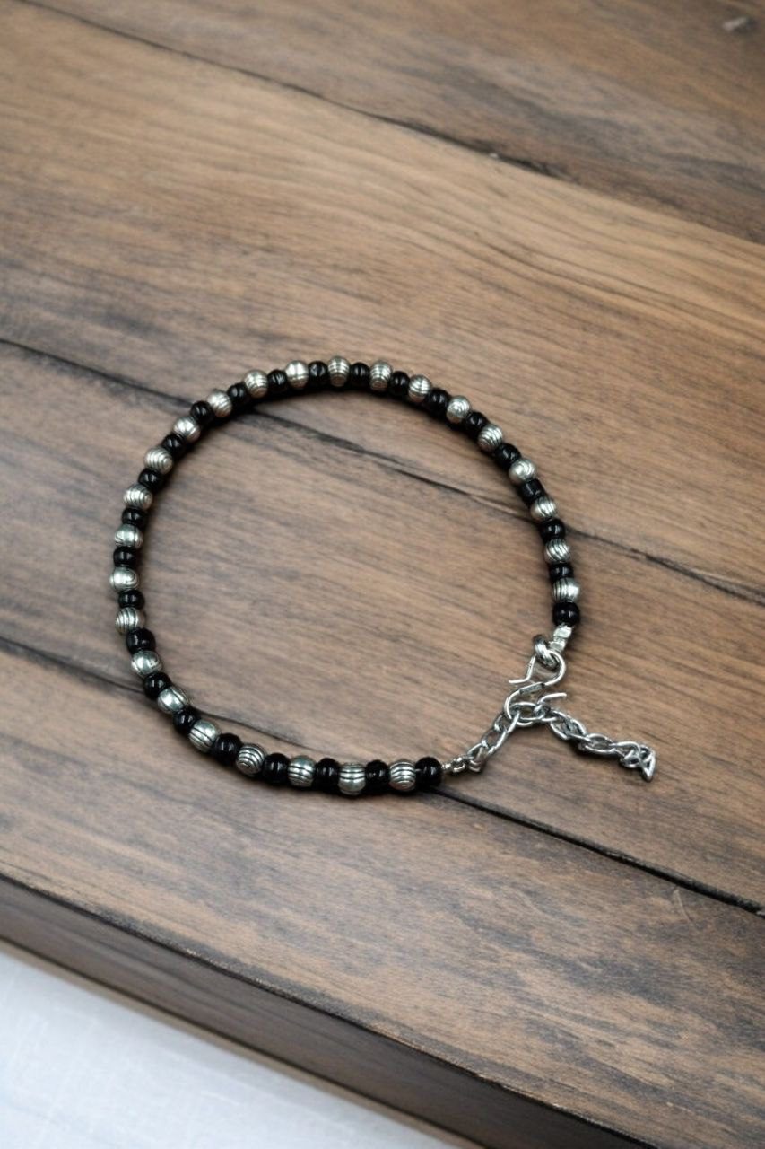 Silver Ball Black Anklet with Beautiful Stone Design