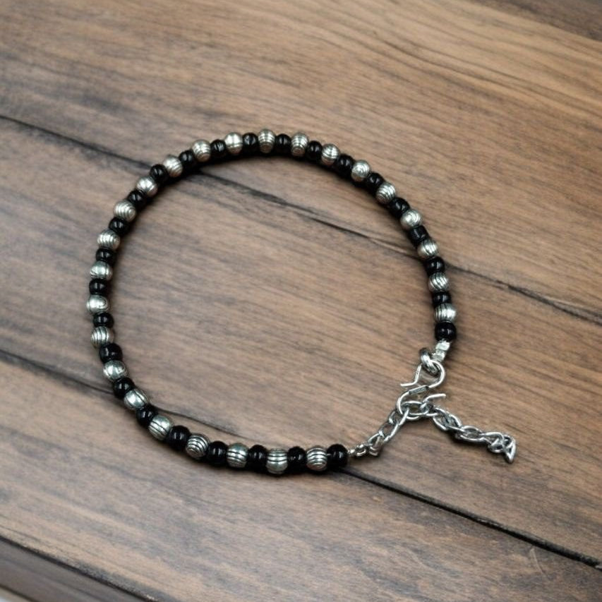 Silver Ball Black Anklet with Beautiful Stone Design