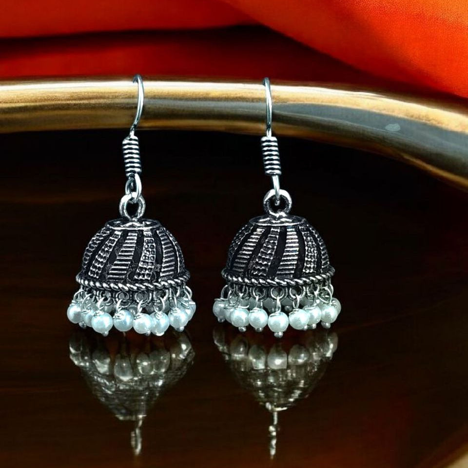 Oxidized Silver Mini Jhumka Earrings with Pearls