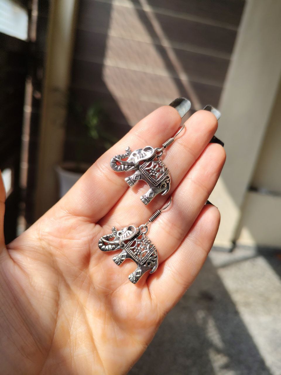 Good Luck Oxidized Silver Elephant Dangle Earrings | Detailed Indian Style Ethnic Drop Jewellry