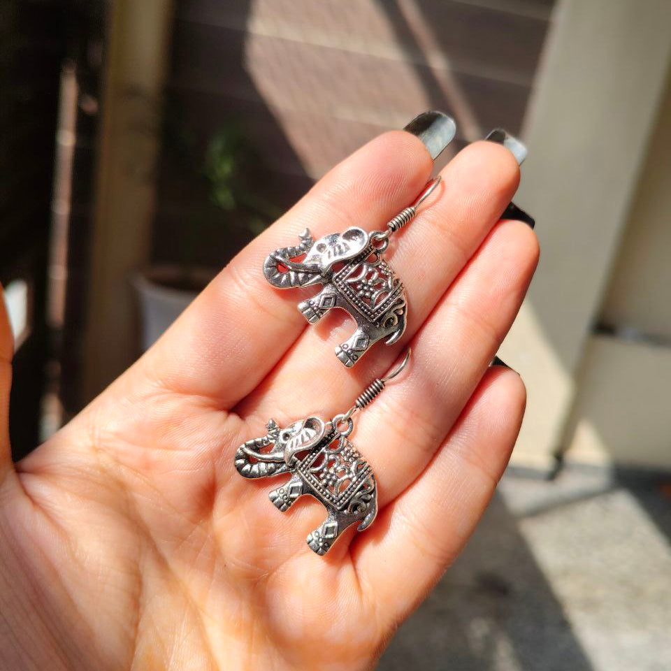 Good Luck Oxidized Silver Elephant Dangle Earrings | Detailed Indian Style Ethnic Drop Jewellry