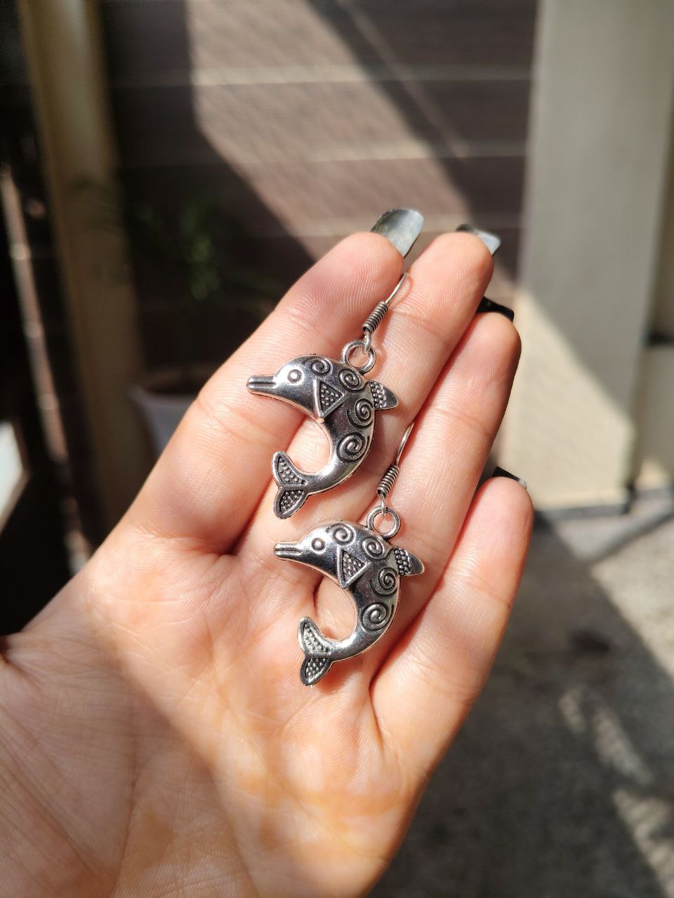 Playful Oxidized Silver Dolphin Dangle Earrings