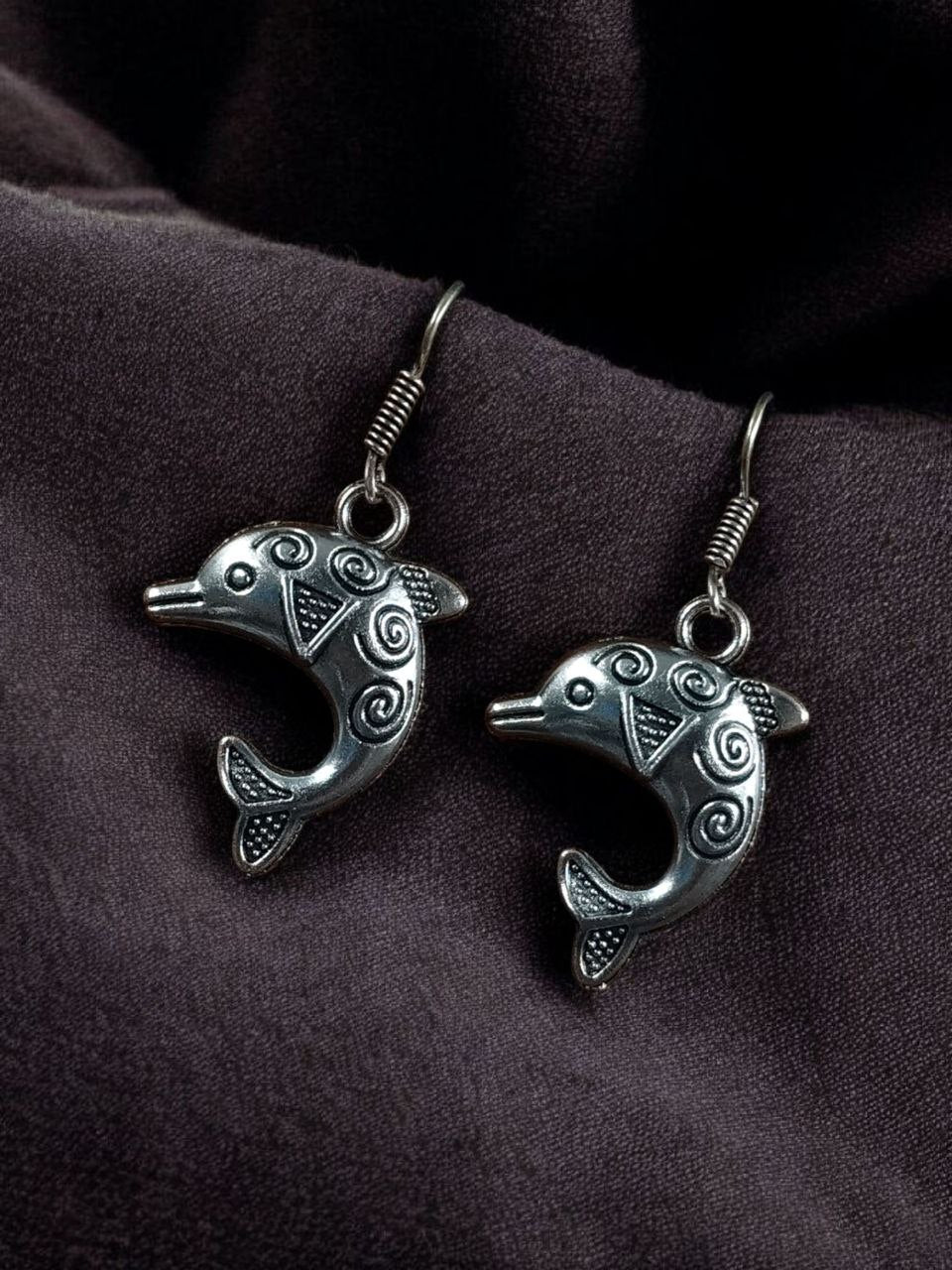 Playful Oxidized Silver Dolphin Dangle Earrings
