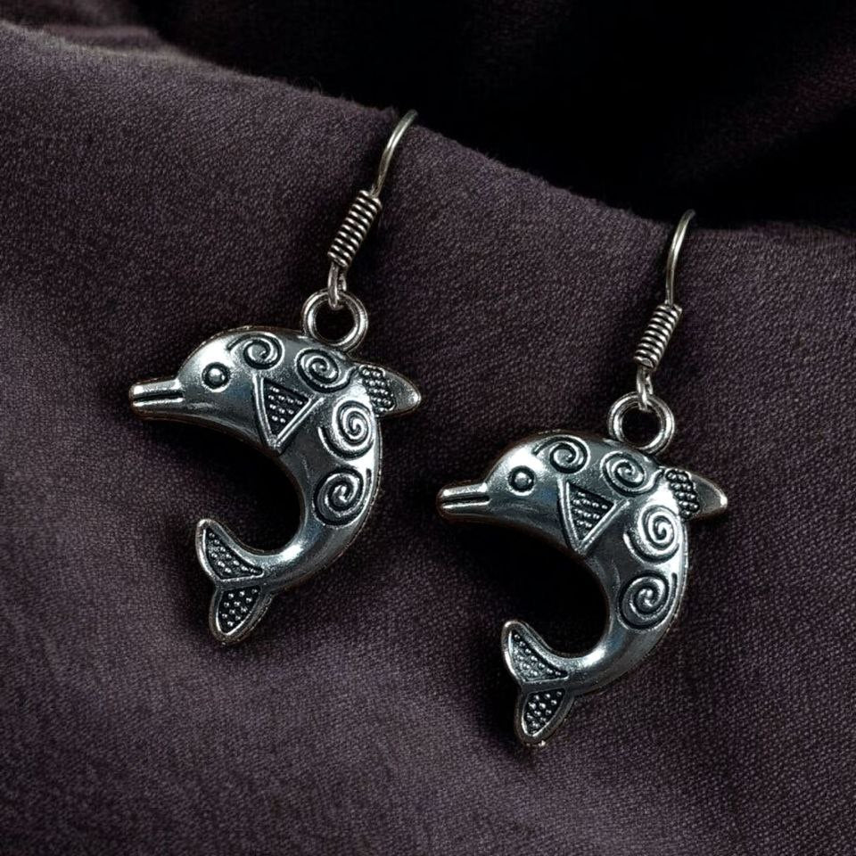 Playful Oxidized Silver Dolphin Dangle Earrings