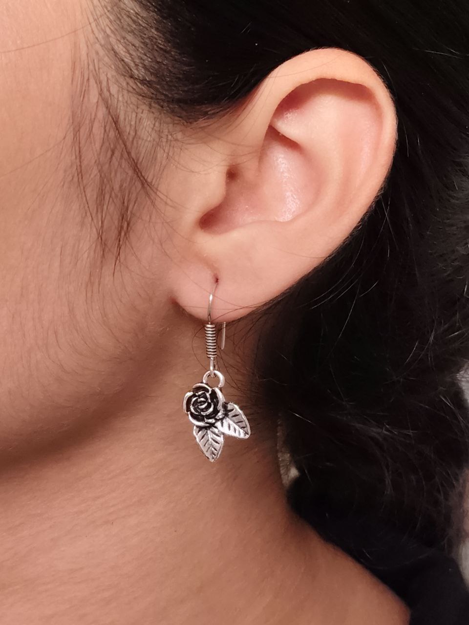 Oxidized Silver Rose and Leaf Drop Earrings