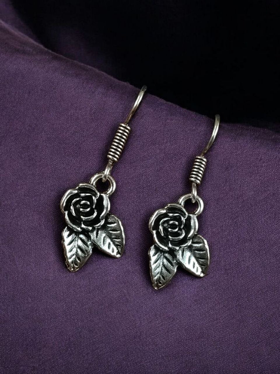 Oxidized Silver Rose and Leaf Drop Earrings