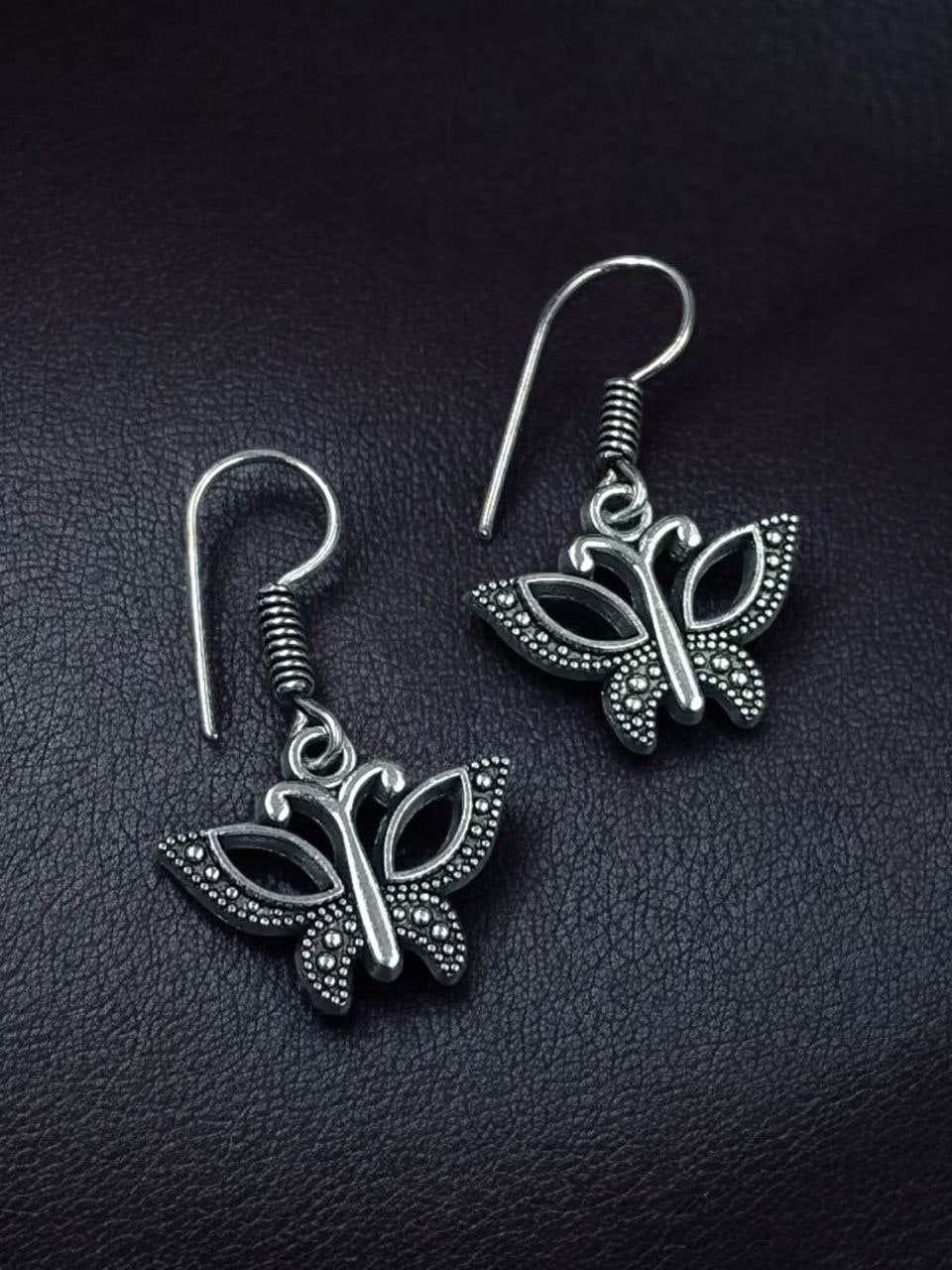Vintage Oxidized Silver Butterfly Drop Earrings