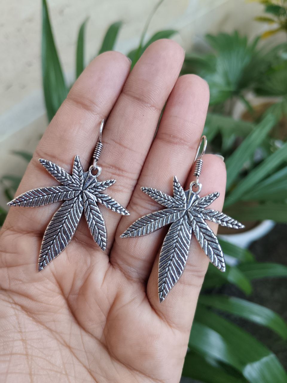 Statement Silver Maple/Pot Leaf Dangle Earrings