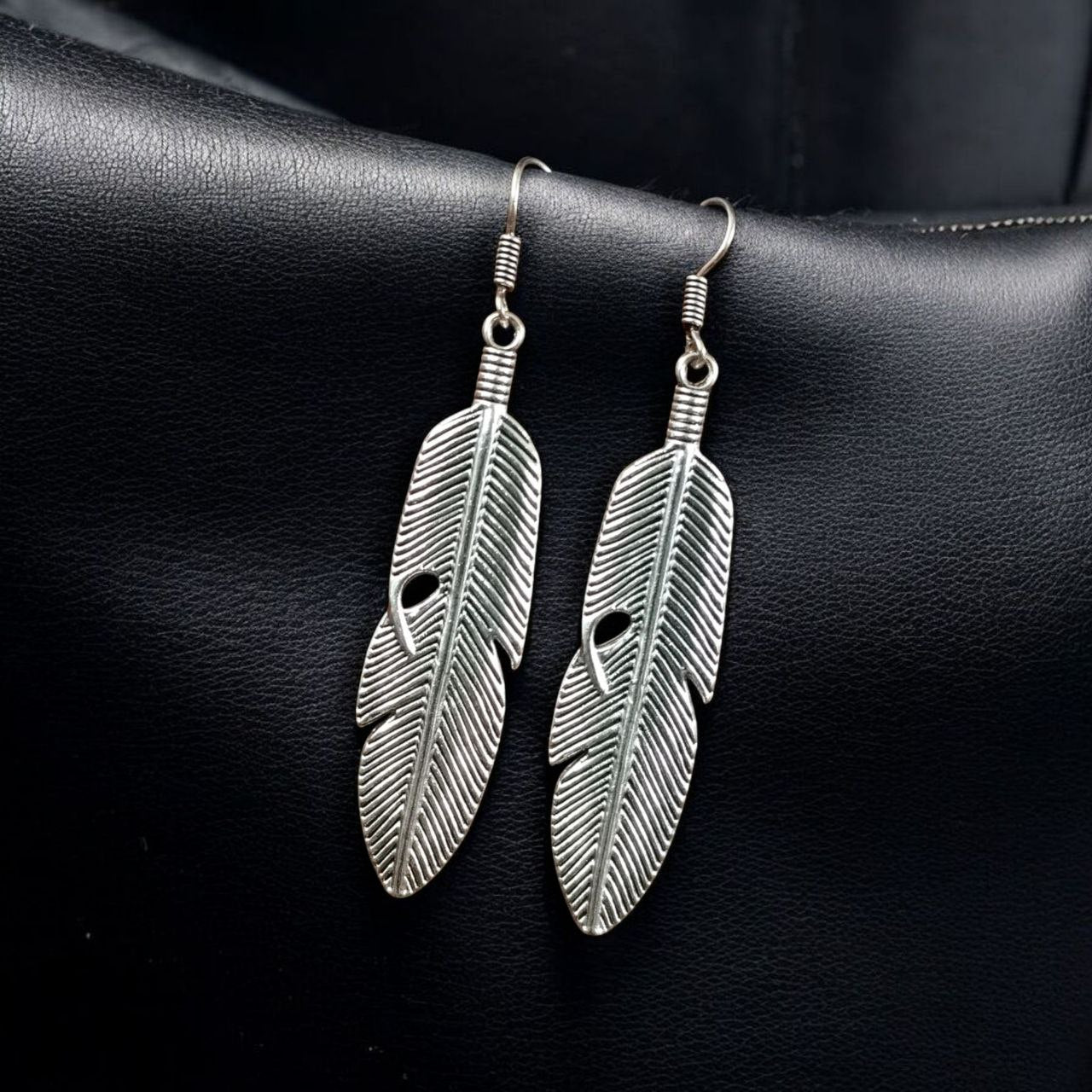 Oxidized Silver Feather Earrings | Long Boho Dangle Jewellry