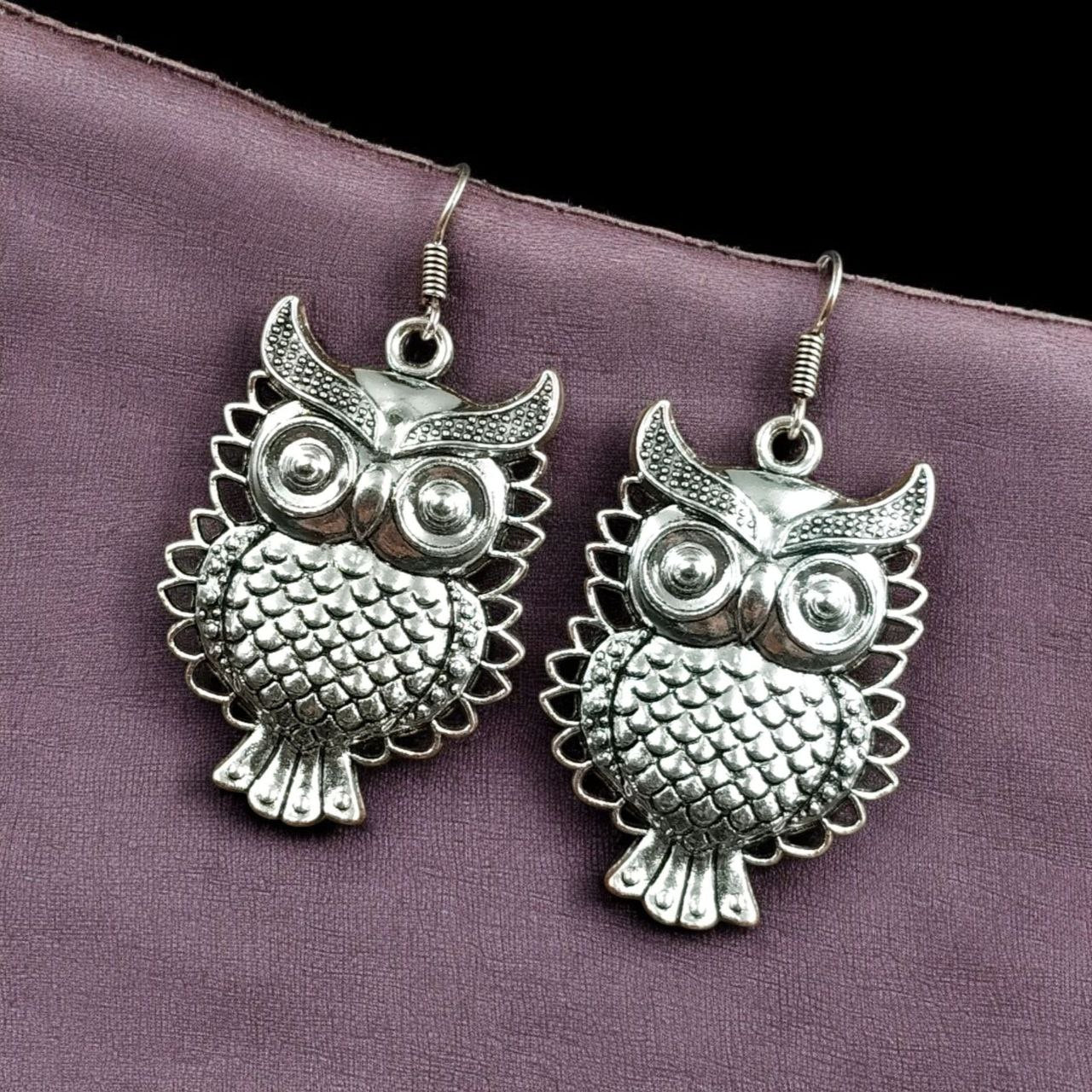 Oxidized Silver Owl Dangle Earrings | Bohemian Wise Owl Statement Jewellry for Women