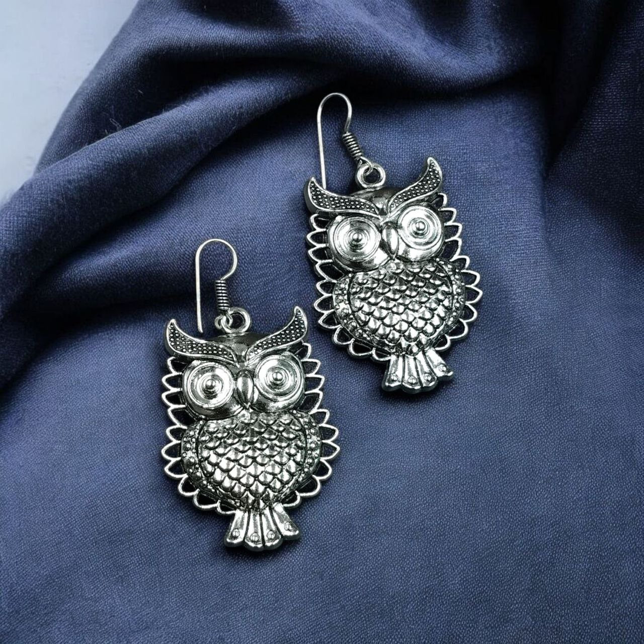 Oxidized Silver Owl Dangle Earrings | Bohemian Wise Owl Statement Jewellry for Women