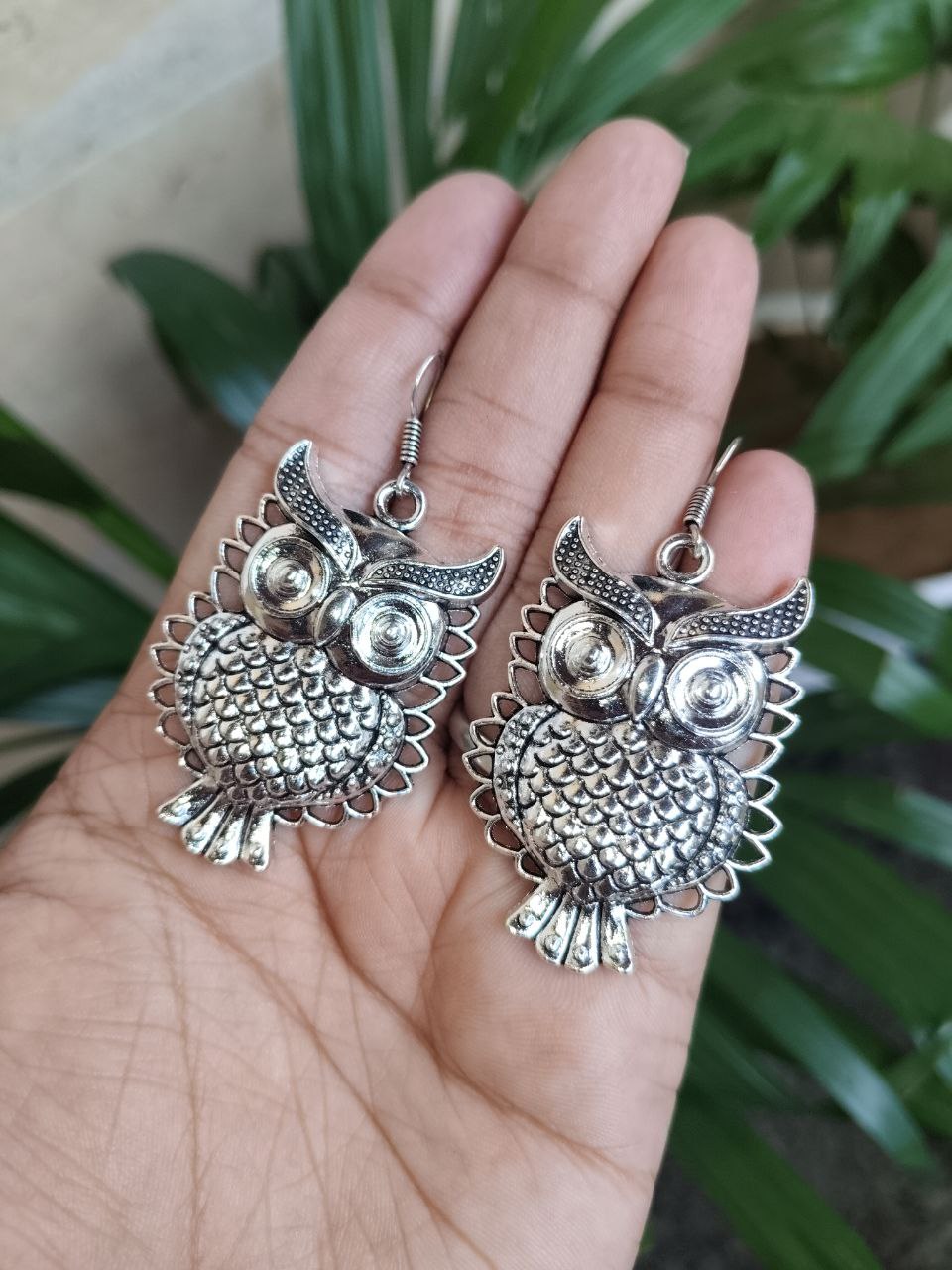 Oxidized Silver Owl Dangle Earrings | Bohemian Wise Owl Statement Jewellry for Women