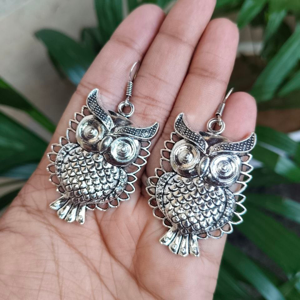 Oxidized Silver Owl Dangle Earrings | Bohemian Wise Owl Statement Jewellry for Women