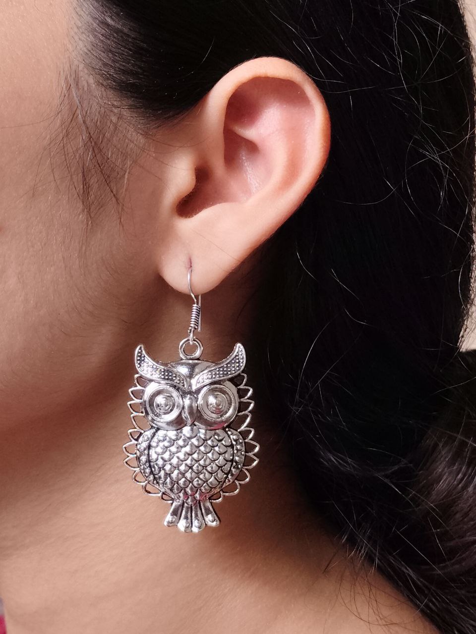 Oxidized Silver Owl Dangle Earrings | Bohemian Wise Owl Statement Jewellry for Women