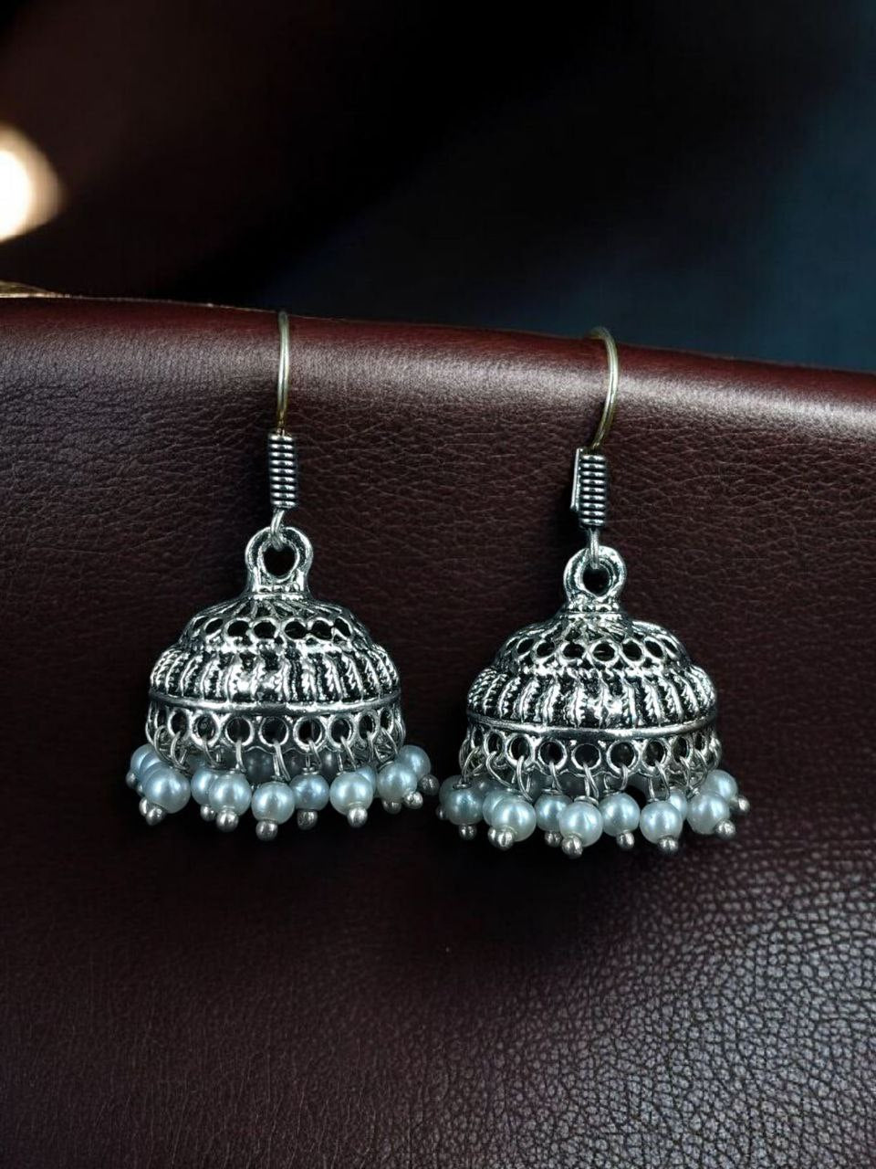 Classic Oxidised Silver Jhumka Earrings with Pearl Drop
