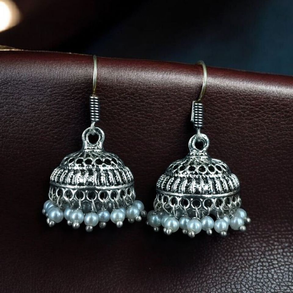 Classic Oxidised Silver Jhumka Earrings with Pearl Drop