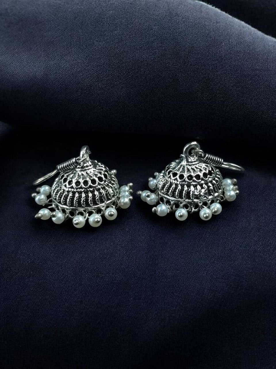 Classic Oxidised Silver Jhumka Earrings with Pearl Drop