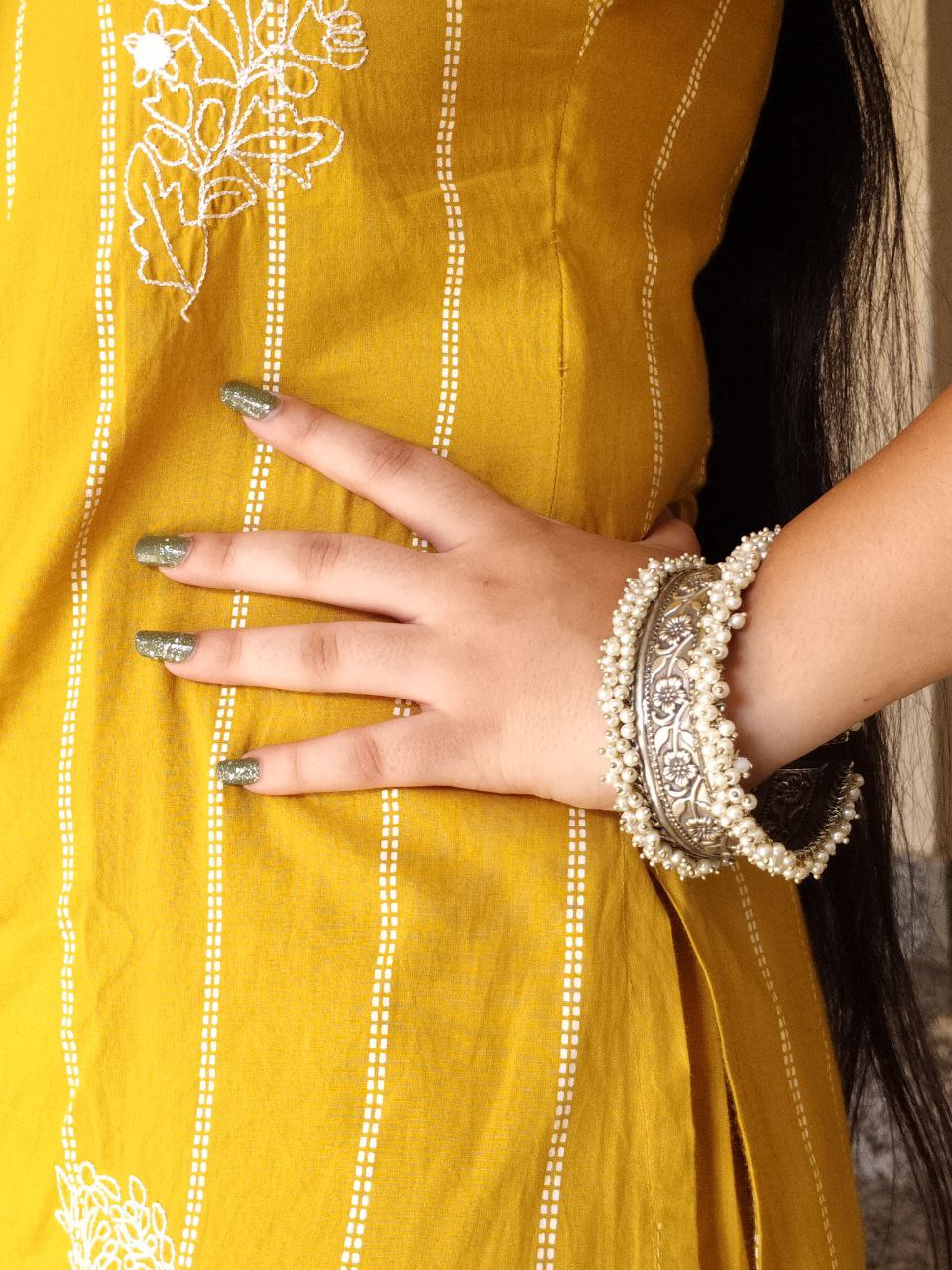 Oxidized Silver Kada with Pearl Unique Pearl Work - Traditional Indian Bangle Bracelet