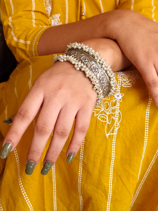 Oxidized Silver Kada with Pearl Unique Pearl Work - Traditional Indian Bangle Bracelet