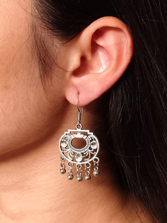 Oxidized Silver Jhoomar Drop Earrings | Crystal & Ghungroo Danglers