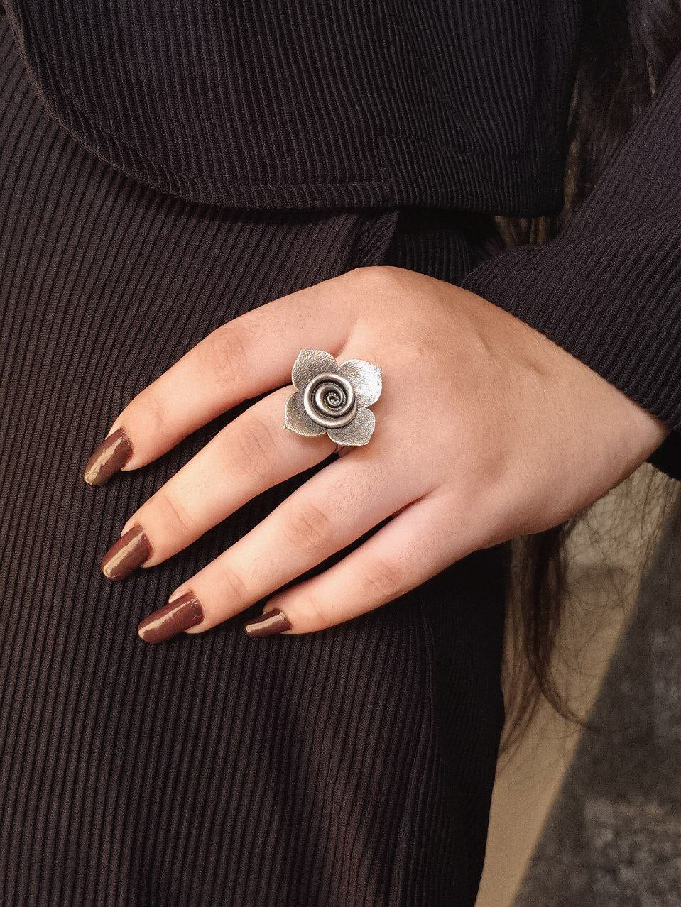 Trendy Adjustable Rose Flower Ring | Oxidized Silver Replica Perfect Jewelry for Girls