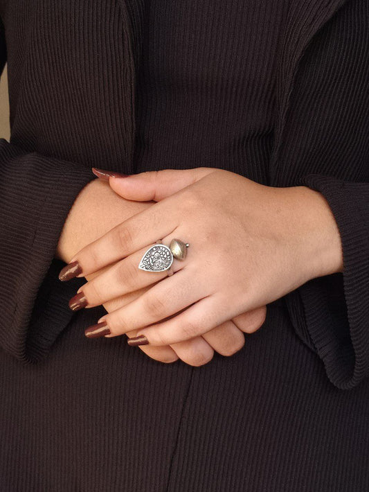 Adjustable Oxidized Silver Statement Ring | Tribal Teardrop & Cone Design