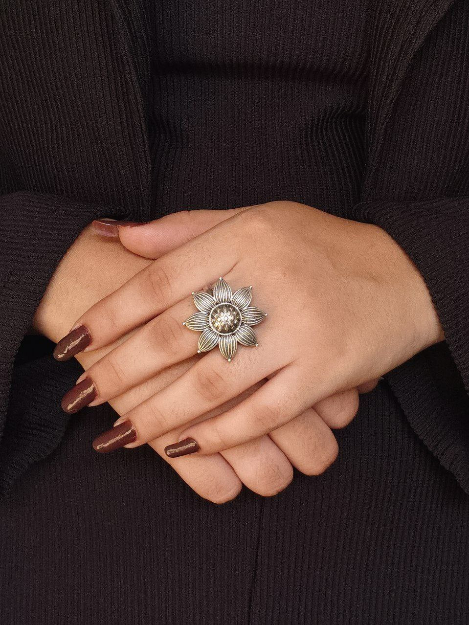 Adjustable Oxidized Silver Flower Ring | Statement Bloom with Center Crystal