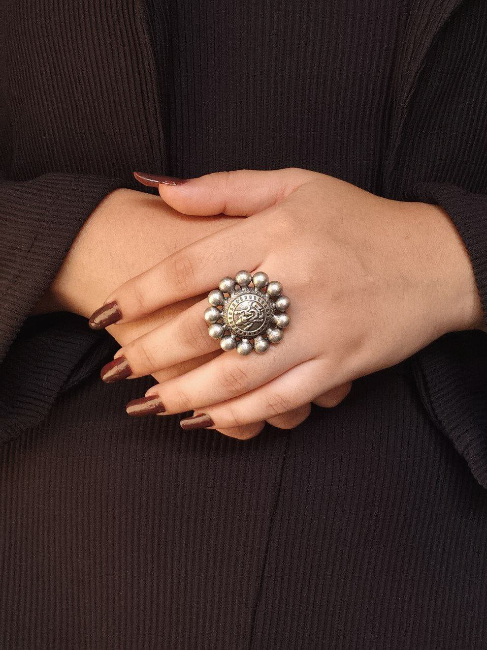 Adjustable Oxidized Silver Sunburst Ring | Deity Coin Statement Ring
