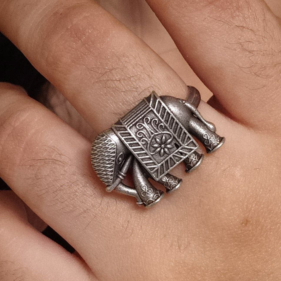 Statement Oxidized Silver Elephant Ring - Adjustable