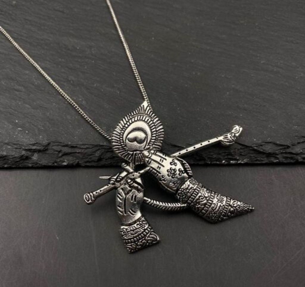 Oxidized Silver Lord Krishna Flute Pendant Necklace | Divine Flute Hands