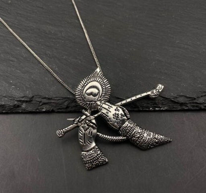 Oxidized Silver Lord Krishna Flute Pendant Necklace | Divine Flute Hands