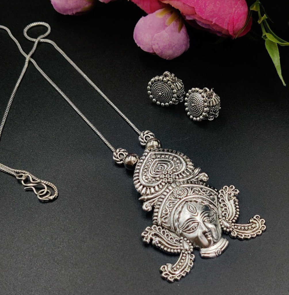 Divine Goddess Oxidized Silver Necklace Set | Durga Face Pendant & Earrings