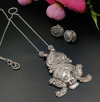 Divine Goddess Oxidized Silver Necklace Set | Durga Face Pendant & Earrings