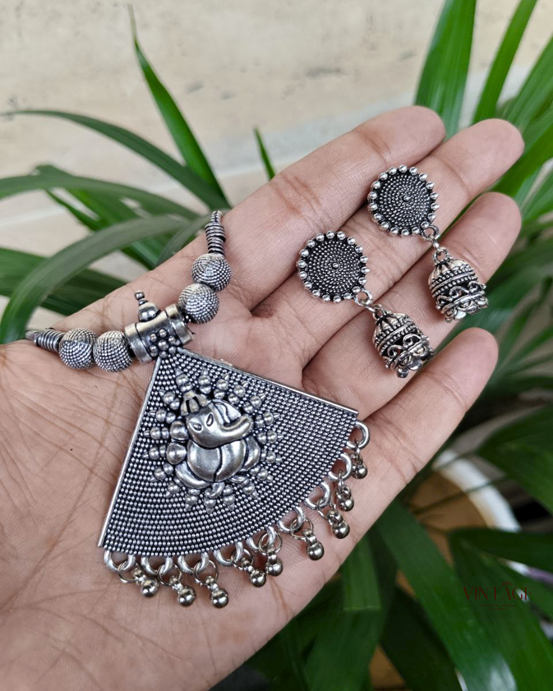 Silver Ganesha Necklace Set | Best Silver Plated Chain Pendant with Earrings
