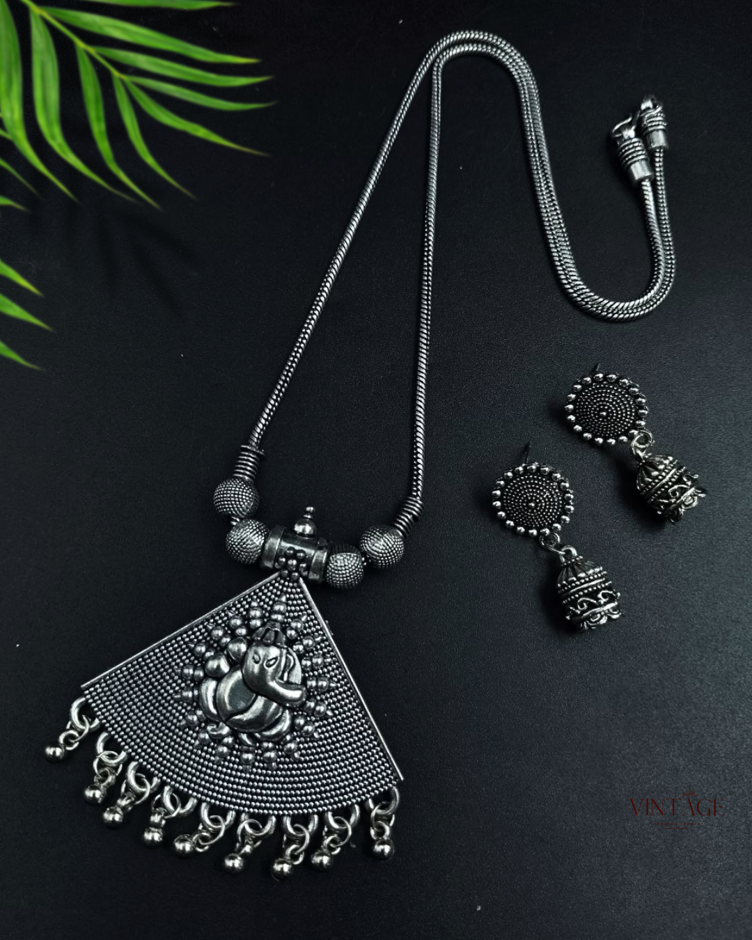 Silver Ganesha Necklace Set | Best Silver Plated Chain Pendant with Earrings