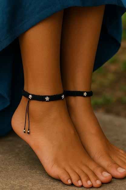 Adjustable Flower Beads Thread Silver Anklet