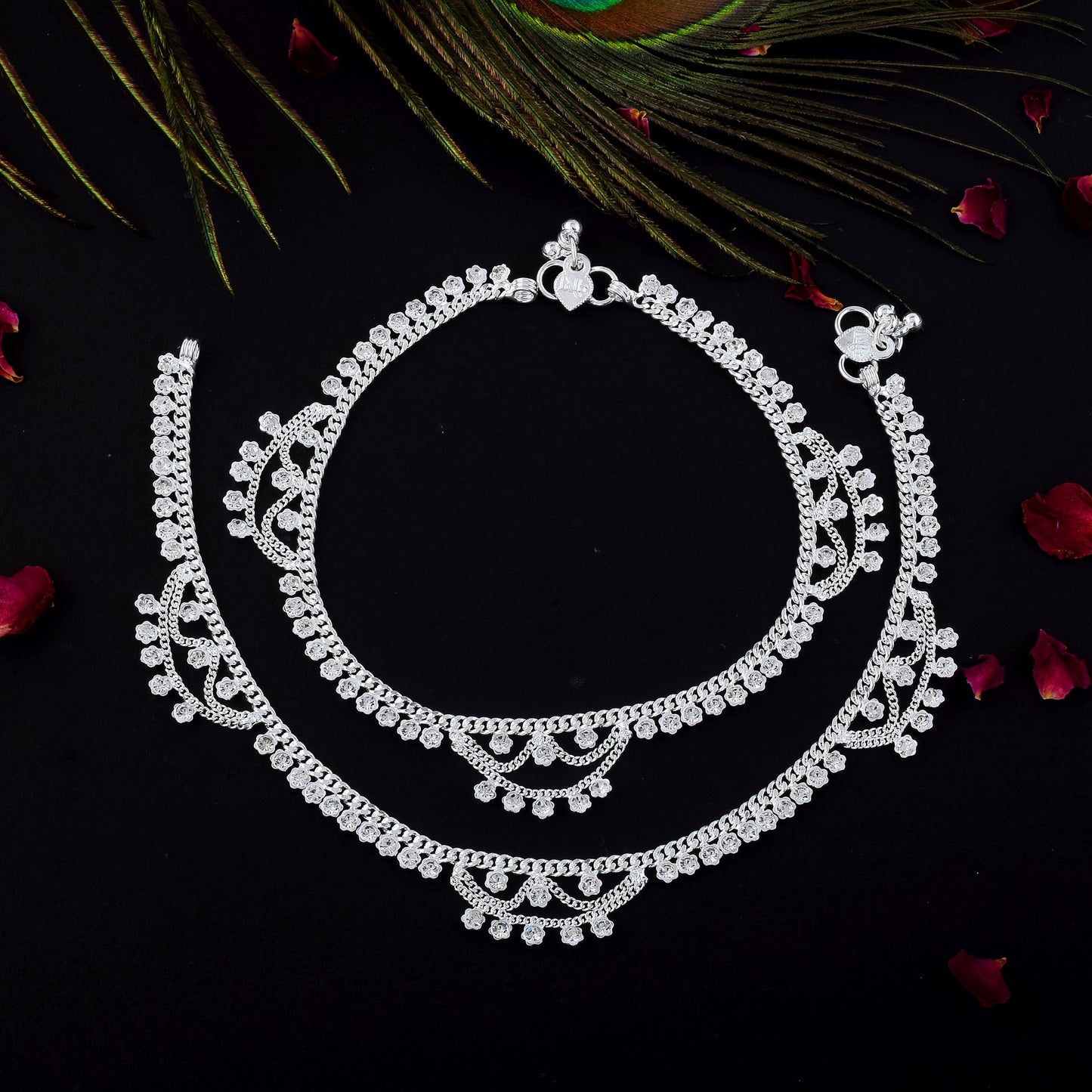 Elegant Silver Zircon Studded Lace Pattern Anklets Daily Wear Payal