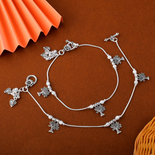 Tree of Life Oxidized Silver-Tone Anklets with Floral Charms (Pair)