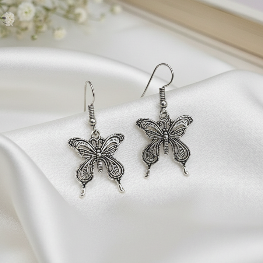 Delicate Oxidized Silver Butterfly Dangler Earrings