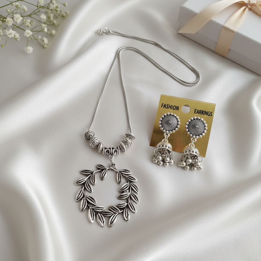 Oxidized Silver Leaf Wreath Necklace Set | Jhumka Earrings & Bead Chain