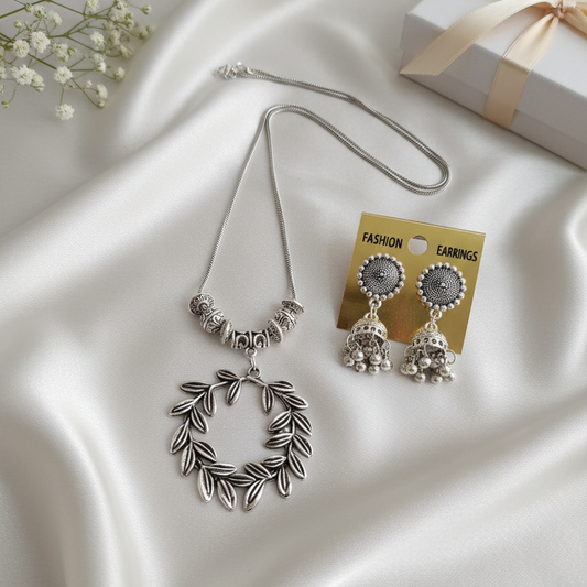 Oxidized Silver Leaf Wreath Necklace Set | Jhumka Earrings & Bead Chain