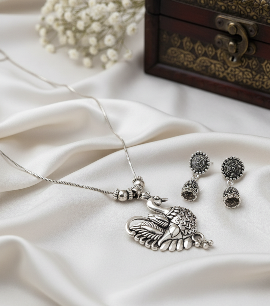 Oxidized Silver Peacock Pendant Necklace & Jhumka Earring Set