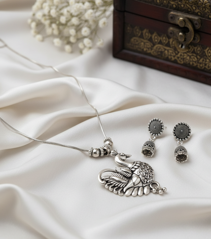 Oxidized Silver Peacock Pendant Necklace & Jhumka Earring Set